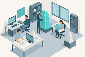 Obraz premium Team collaborating on architectural design and blueprint projects in modern office