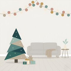 Cozy Christmas living room interior with a decorated tree gifts and sofa vector illustration for holiday designs and backgrounds