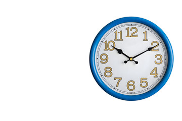 Wall clock with large numbers on a blue frame. Isolated background