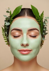 Young woman with green facial mask and botanical headband relaxing  