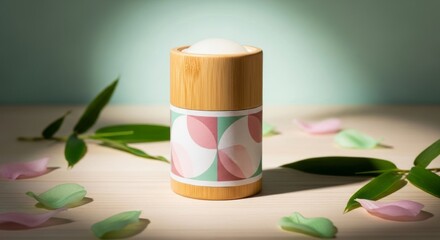 Modern natural candle with decorative packaging on wooden surface  