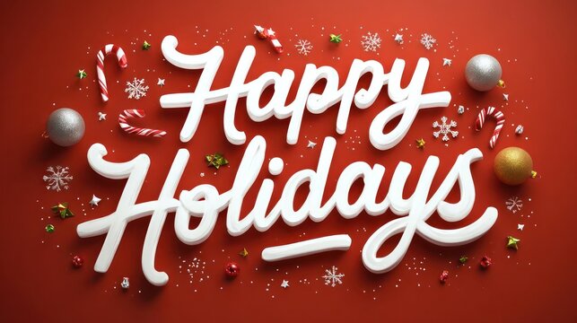 Festive white happy holidays text surrounded by christmas ornaments candy canes and snowflakes on red background - Powered by Adobe