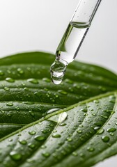 Water droplet falling from pipette onto green leaf surface  