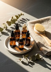 Set of essential oil bottles on a tray with natural elements  