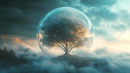 fantasy glowing tree encased in a light orb suspended in soft fog with subtle texture clarity