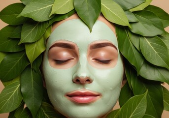 Woman relaxing with green clay mask and leaves on her face  