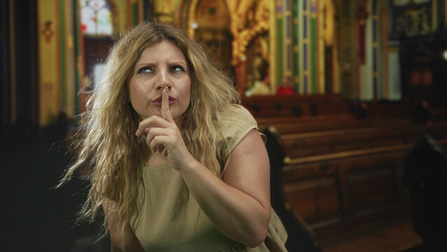 Woman blonde with finger to lips for silence in church building among wooden pews and stained glass windows; serenity.