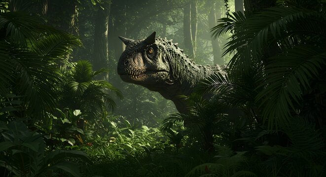 A carnotaurus standing in a lush green jungle environment with dense foliage and dappled sunlight shining through