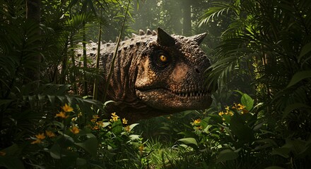 Carnotaurus lurking in the jungle with yellow flowers and green foliage creating a prehistoric scene