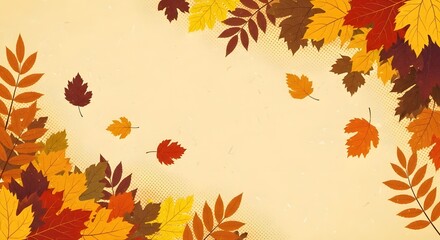 Fototapeta premium Golden Drift Invitation. A soft beige center framed by scattered fall leaves in red, orange, and yellow hues. The textured layout evokes seasonal warmth and elegance.