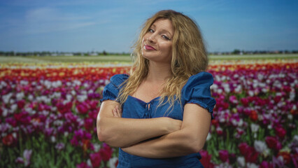 Woman with arms crossed in studio set before colorful tulip field and blue sky; confidence...