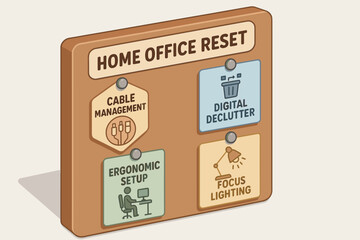 Home office reset board with tips for cable management and ergonomic setup