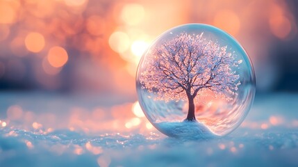 tree inside a luminous translucent sphere on soft pastel surface with subtle color harmony