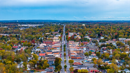 Canandaigua, NY, USA - October 17, 2025: Aerial photo over Rochester Street Downtown Canandaigua New York