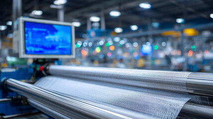 Close-up of silver expanded metal mesh rolls in a modern manufacturing plant, illuminated by cool blue industrial lighting, symbolizing innovation and engineering excellence