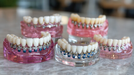 Close-up of a realistic dental implant teaching model showing fixed bridge connection points and crown placement, isolated on white