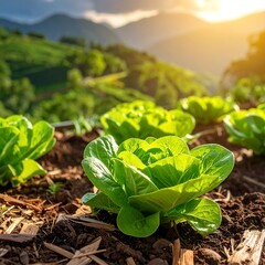 Lush Lettuce Growing in a Garden with Mountain Backdrop.
