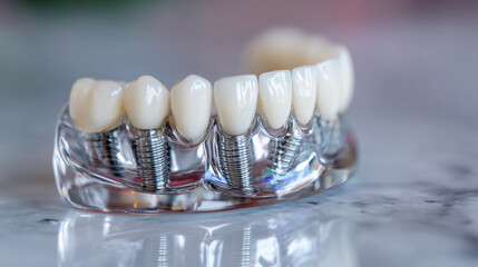 Fixed bridge dental implant model arranged diagonally on sterile white surface, capturing precision engineering and clinical detail