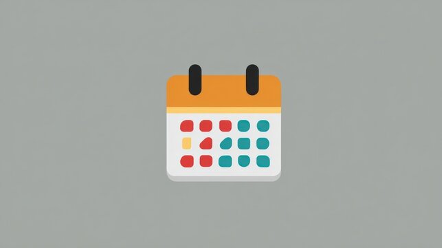 An isolated, cartoon-styled calendar icon. The orange top, black tabs and color-coded dates sit centered