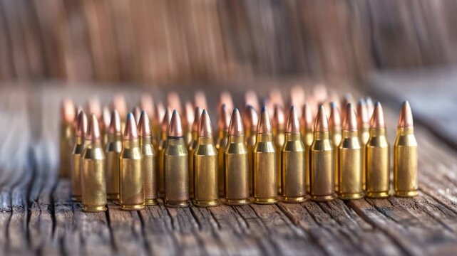 Collection of rifle bullets arranged on a wooden surface in natural lighting during a bright day
