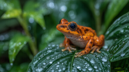Obraz premium Close-up of a vivid orange frog resting on a leaf, sunlight catching tiny droplets on its skin, highly detailed wildlife stock image composition