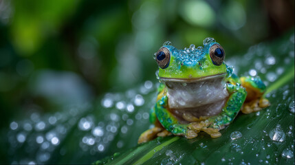 Fototapeta premium Macro shot of a vibrant green tree frog perched on a wet leaf, intricate skin texture and glistening eyes in sharp focus, natural sunlight highlighting its vivid colors