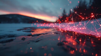 Tranquil winterscape: traces of adventure on frozen lakeside. Smart technology. Fresh footprints on frosty lake during winter sunset. Ai web. Tech innovation.