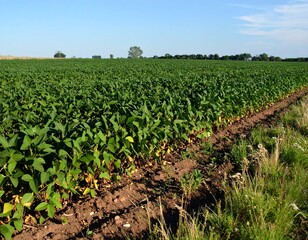 Lush Soybean Field Under a Clear Blue Sky.