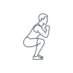 Line drawing of a man in a squat position, demonstrating a fitness exercise with bent knees and clenched fists.