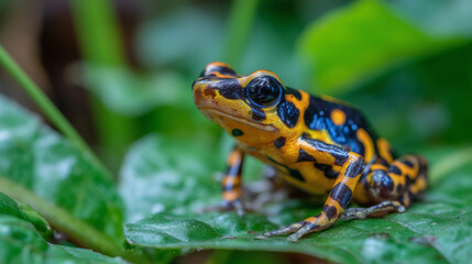 Fototapeta premium Macro photography of a tiny orange and black frog on a leaf, vivid colors, reflective wet skin, natural habitat softly blurred in the background