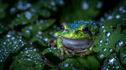 Obraz premium High-resolution macro of a fluorescent green frog among leaves, natural dew drops glistening on its skin, crisp sharpness capturing wildlife realism