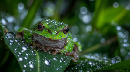 Obraz premium High-resolution macro of a fluorescent green frog among leaves, natural dew drops glistening on its skin, crisp sharpness capturing wildlife realism