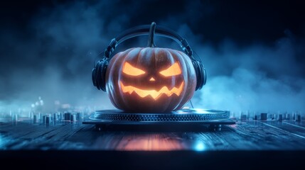 Ghoulish grooves: celebrating halloween with a musical twist. Digital artwork. Pumpkin dj table with headphones: halloween meets music in a unique blend. Vivid gradient. Cinematic glow.