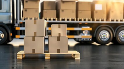 Delivery of cardboard boxes on wooden pallets near a large truck during sunset - Powered by Adobe