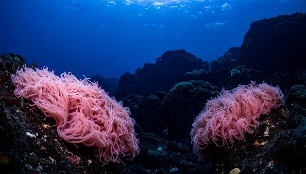 Deep Sea Contrast: Glowing Pink Soft Corals on Dark Volcanic Reef Against Ultramarine Ocean Background.