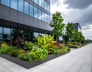 Lush Urban Garden at Modern Building Base.