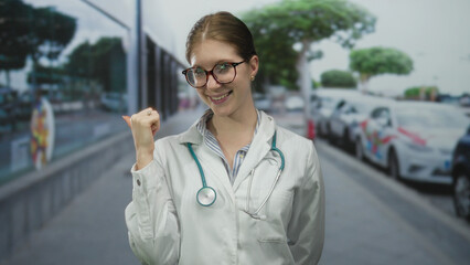Young blonde woman doctor wearing stethoscope points thumb at vibrant street scene; medical guidance confidence.