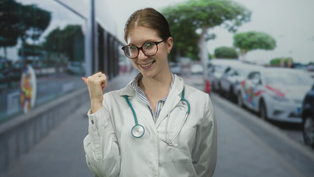 Young blonde woman doctor wearing stethoscope points thumb at vibrant street scene; medical guidance confidence.
