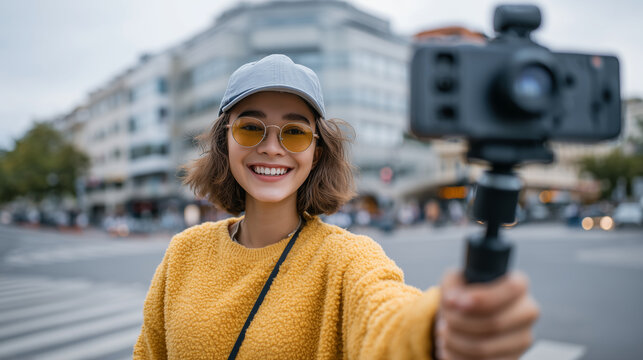 Teen girl vlogger holding smartphone on selfie stick, recording a city street vlog, colorful urban background blurred, over-the-shoulder view capturing her expression and phone scr