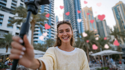 Urban vlog setup, young female influencer recording video, phone on selfie stick, likes and heart emojis floating, skyscrapers and bustling city scene in daylight