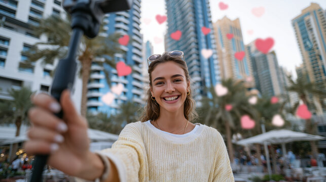 Urban vlog setup, young female influencer recording video, phone on selfie stick, likes and heart emojis floating, skyscrapers and bustling city scene in daylight
