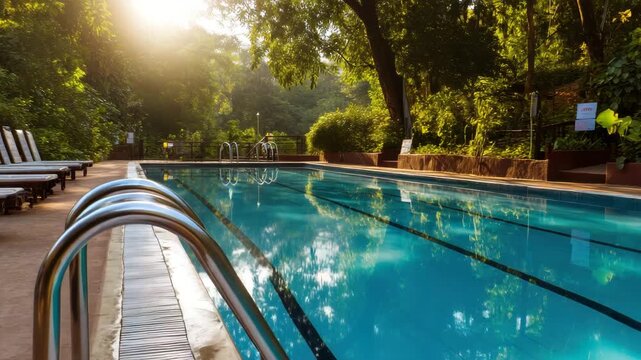 Relaxing poolside scene in a peaceful garden setting during the golden hour with serene reflections on the water