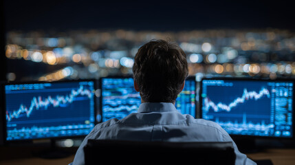 Investor at desktop computer, cryptocurrency trading platform displayed, candlestick graphs, line charts, portfolio metrics, global market data visible, thoughtful analytical postu