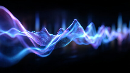 Close-up of abstract sound wave visualization, luminous gradient from deep blue to violet, flowing curves representing audio frequencies