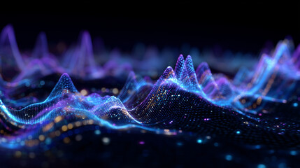 Futuristic sound visualization, sinuous audio waves in violet and cobalt gradient, dynamic glowing peaks and troughs, dark background emphasizing contrast