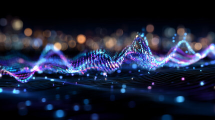 Dynamic audio spectrum with vibrant blue and purple gradient, layered waveforms with soft neon light reflections, floating in dark digital space