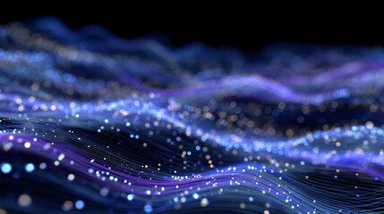 Abstract 3D waveform visualization, undulating lines in gradient shades of blue and purple, illuminated by soft glowing particles, floating in dark virtual space