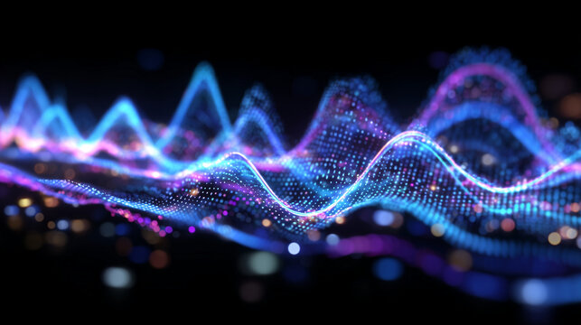 Dynamic audio spectrum with vibrant blue and purple gradient, layered waveforms with soft neon light reflections, floating in dark digital space