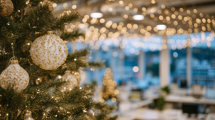 Fototapeta premium Close-up of glittering Christmas balls and string lights on office tree, office workers blurred in background, bright winter sunlight streaming through windows