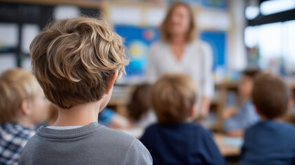 Elementary students sitting attentively, teacher standing at front of class, view over the kidsâ shoulders, colorful classroom with educational displays